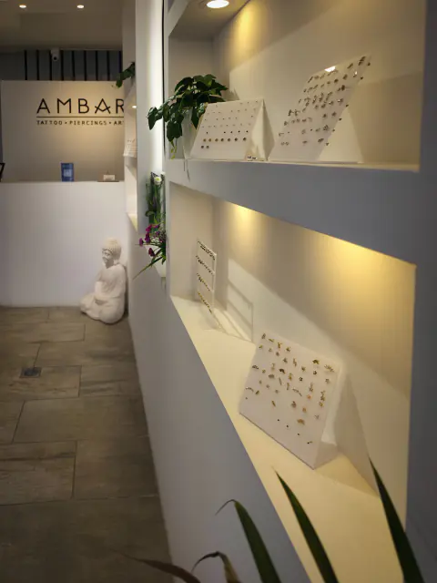 Pasillo del estudio con repisas de joyería